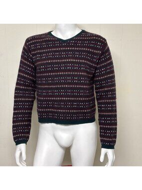 Vintage 90s bke 100% Shetland Wool Fair Isle V Neck Sweater Mens L Boxy Fit